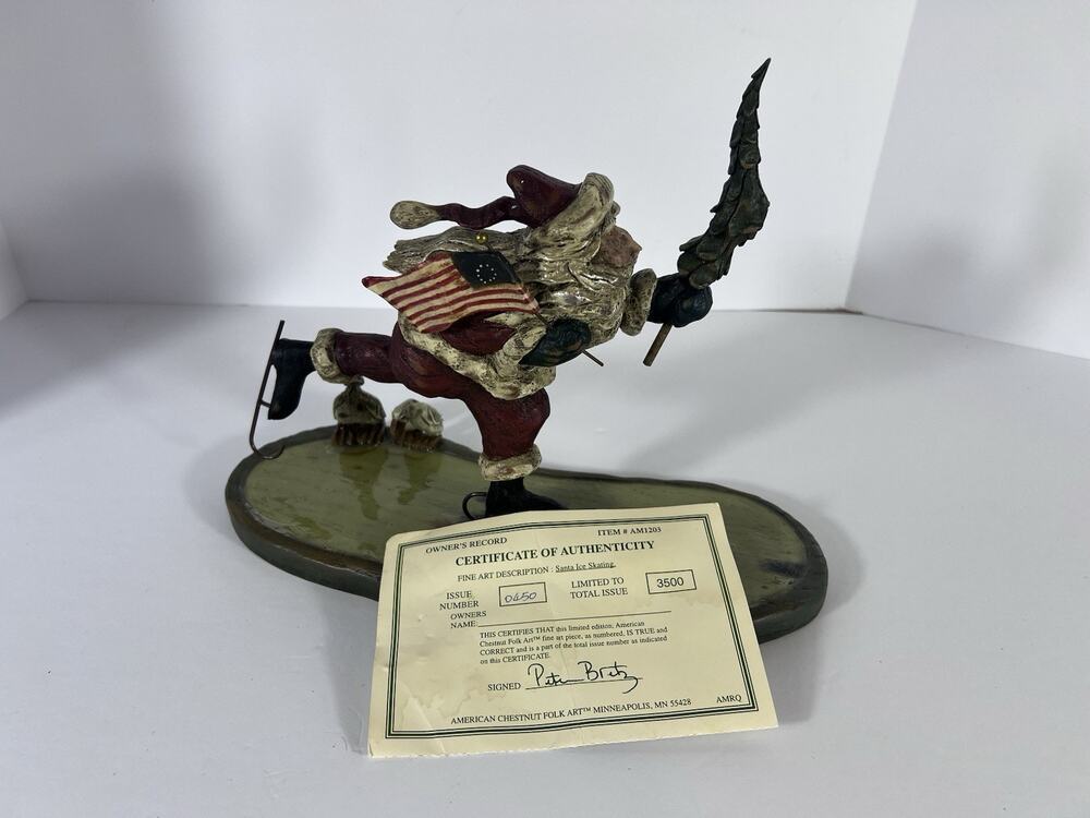 American Chestnut Folk Art Santa Ice Skating Figurine Peter Bortz COA Ltd Ed